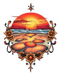 A symbolic traditional tattoo art print captures the stunning visual of a sunset sky mirrored in the tidal pools of a beach. 