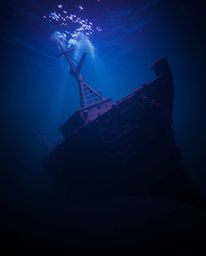 Explore a sophisticated shipwreck resting deep underwater, bathed in the rich burgundy and deep blue hues of gentle, soft lig