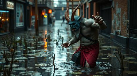 A captivating street photography image showcases an elegant ogre spontaneously dancing in a swampy, urban-like setting.  The 