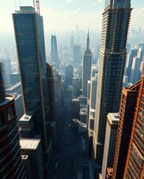 Explore a high-angle perspective of a glitchy digital landscape featuring distorted skyscrapers and static noise, rendered in