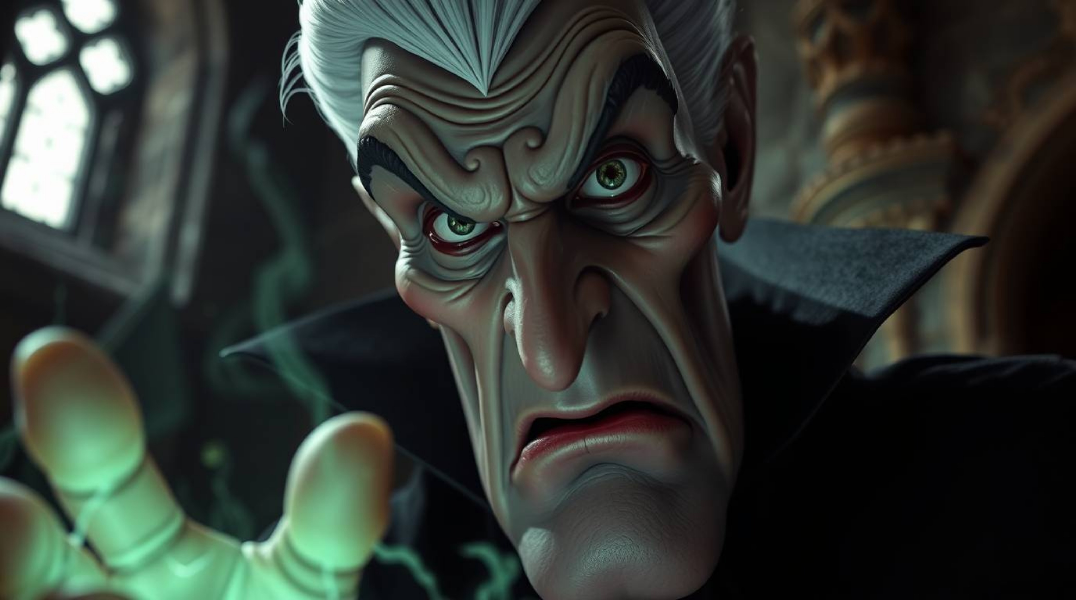 A chilling close-up captures a Disney villain's face in sharp detail, highlighting their deep wrinkles and malevolent express