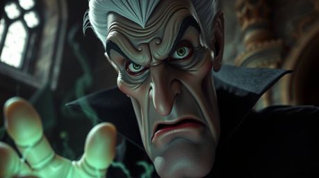 A chilling close-up captures a Disney villain's face in sharp detail, highlighting their deep wrinkles and malevolent express