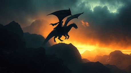 Experience a breathtaking scene featuring a dragon and its rider soaring above dark, shadowy icy mountains under intense dram