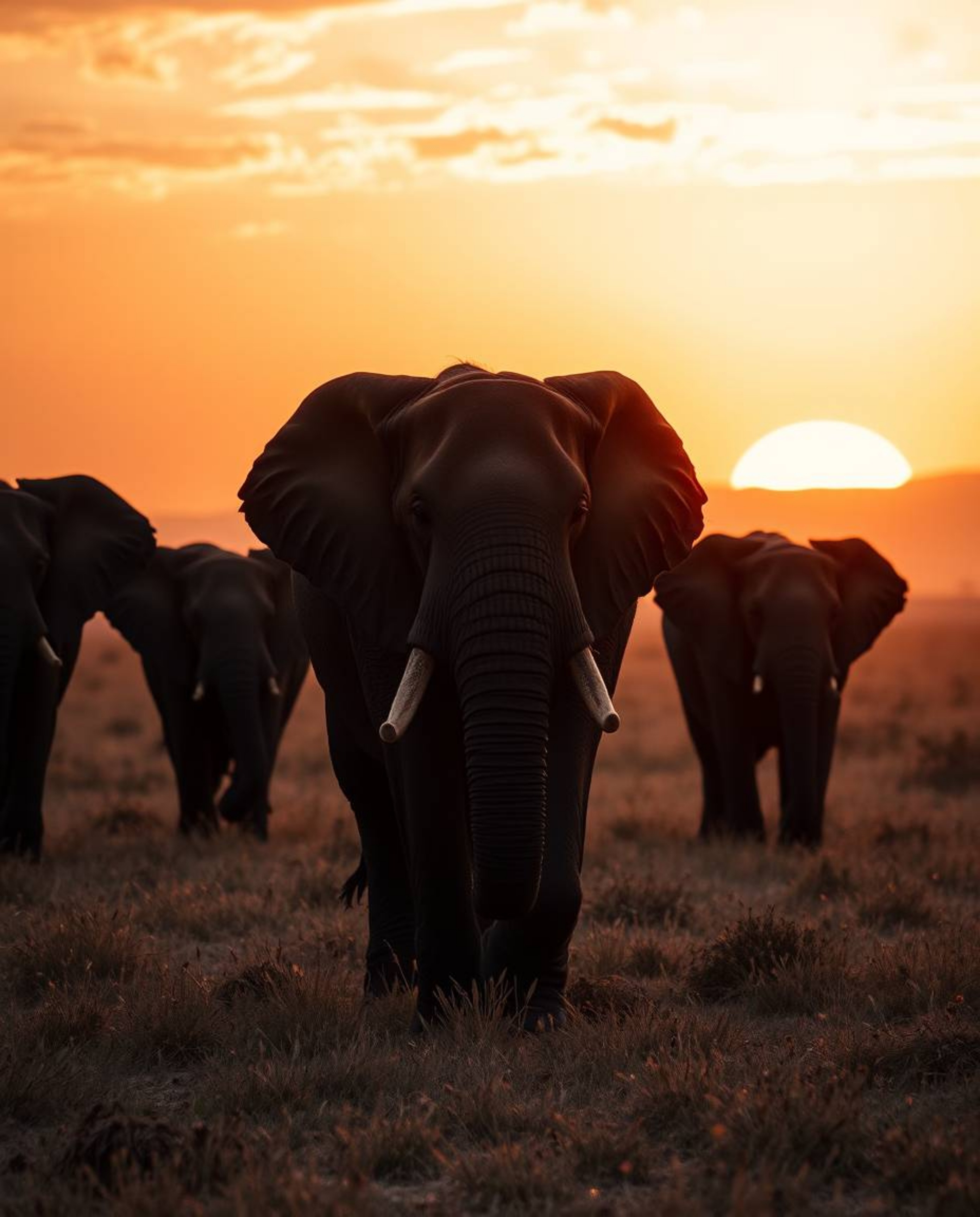 A dramatic cinematic style photograph of elephants walking across a sunset field. The scene is characterized by strong hard l