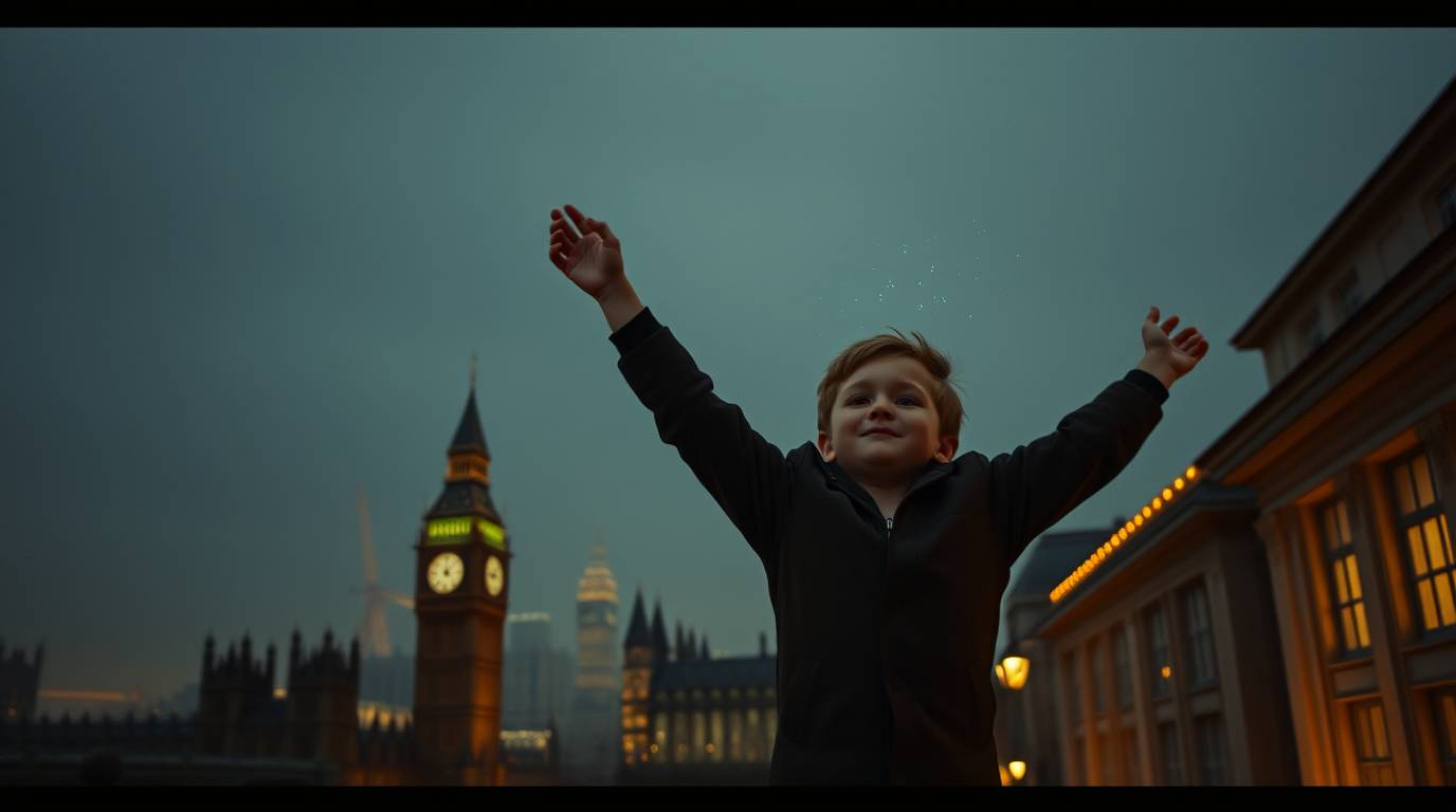 A captivating fine art photograph depicts a young boy seemingly flying above London, with pixie dust swirling around him. The