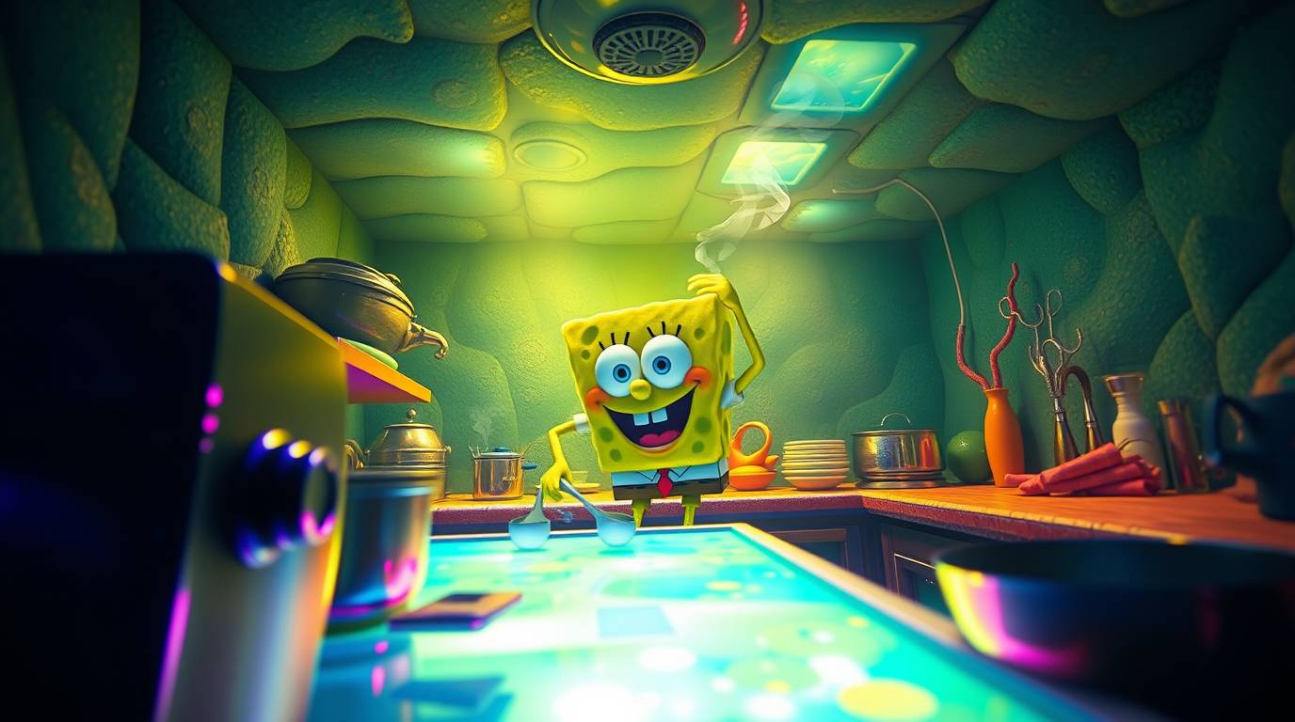 A whimsical high-angle shot depicts a sponge character culinary artist in a vibrant bioluminescent underwater kitchen.  Glowi