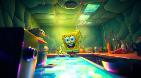 A whimsical high-angle shot depicts a sponge character culinary artist in a vibrant bioluminescent underwater kitchen.  Glowi