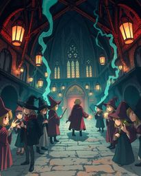 This Isekai anime-style illustration portrays a magical school brimming with young wizards, enveloped in a subtly creepy atmo