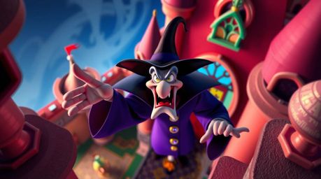 A classic Disney villain, rendered with exaggerated features, dominates the scene as they cast a spell within a vibrant and c