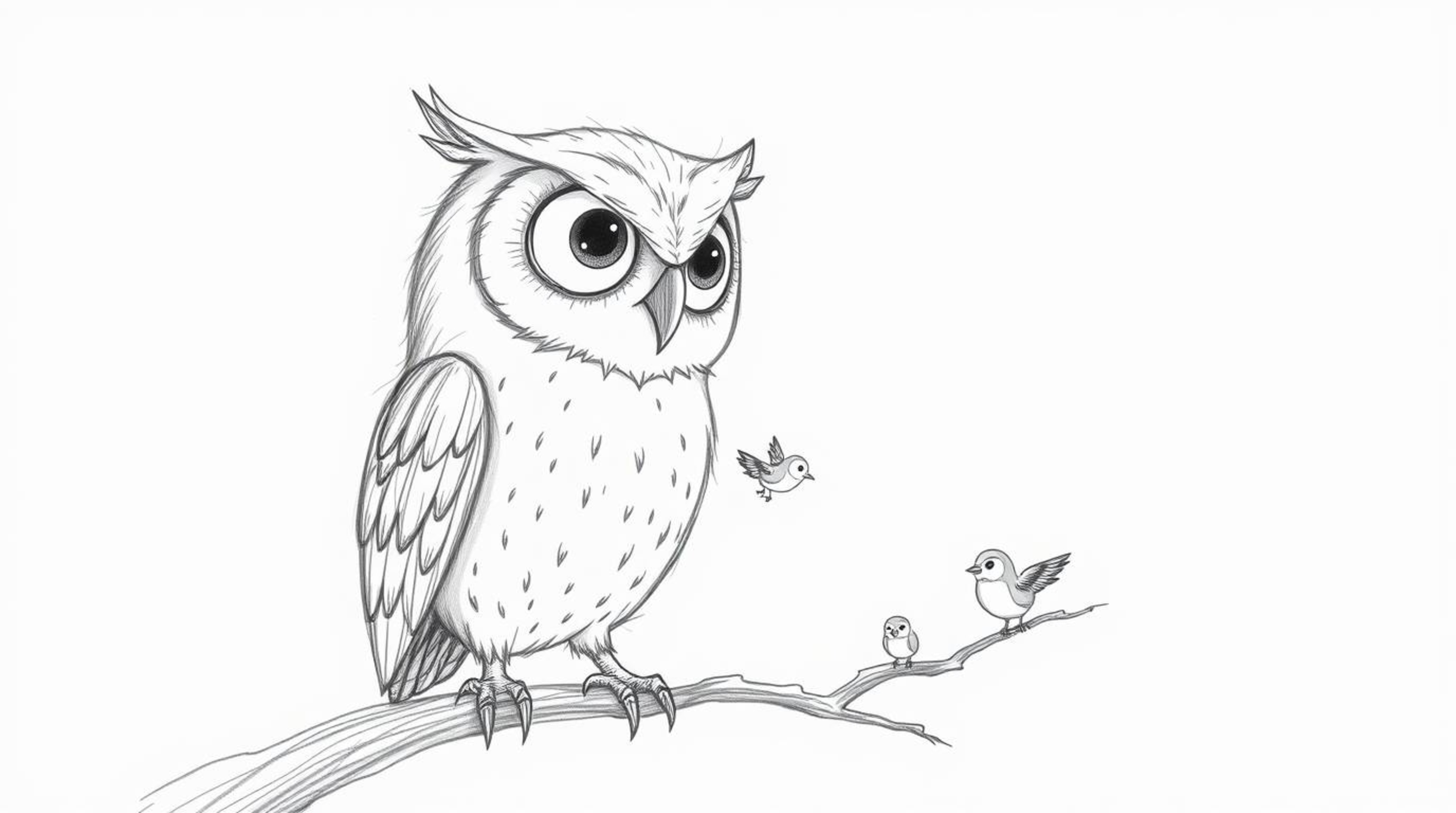 A heartwarming hand-drawn pencil sketch depicts a blind owl with expressive eyes patiently teaching small birds to fly in a m