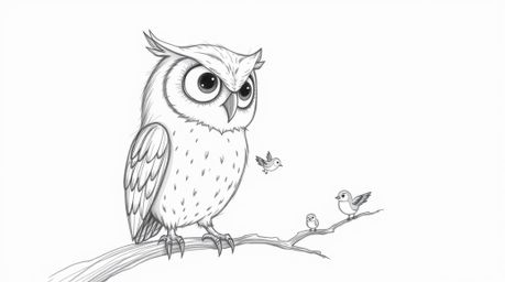 A heartwarming hand-drawn pencil sketch depicts a blind owl with expressive eyes patiently teaching small birds to fly in a m