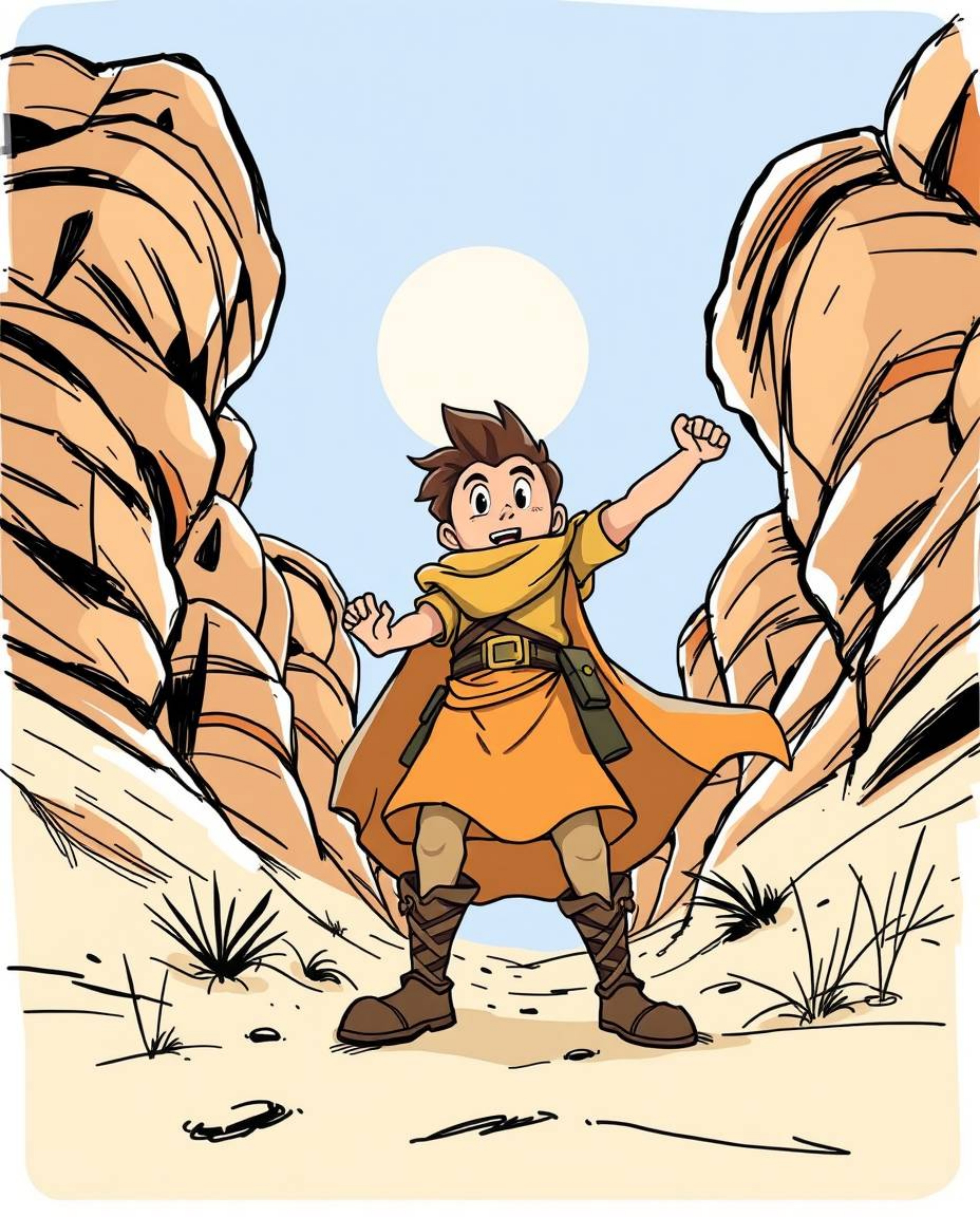 A captivating hand-drawn sketchnote illustration depicts a brave, Disney-style hero embarking on a thrilling desert adventure