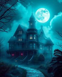 Explore a captivating blend of the past and future with a fog-covered Victorian mansion bathed in moonlight.  This striking i