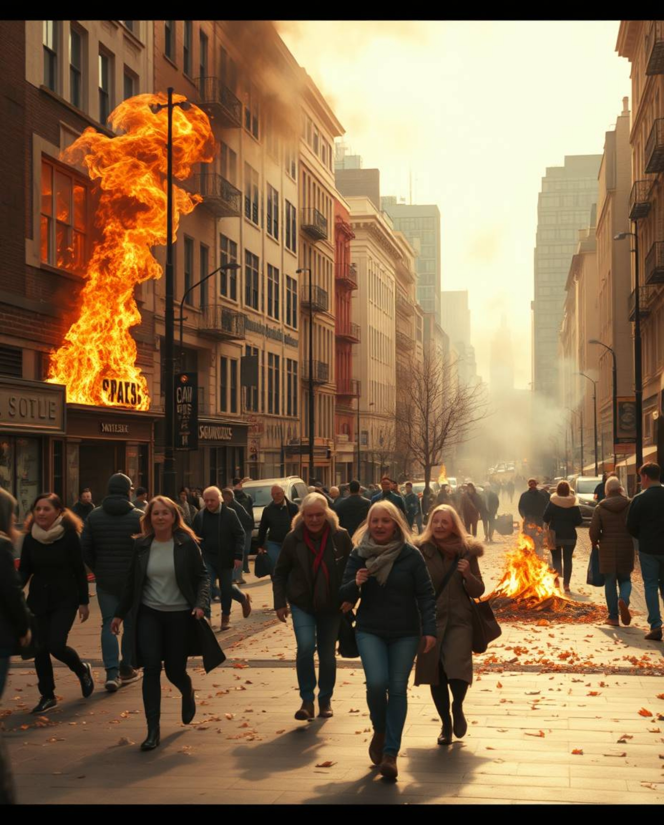 A captivating street photograph depicting a city engulfed in flames, with people frantically scattering amidst the urban chao
