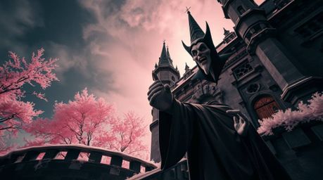 Experience a surreal and captivating scene featuring a classic Disney villain casting a spell within the eerie confines of an