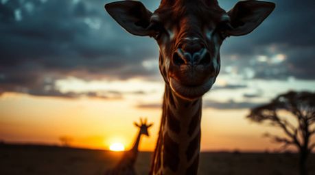 A captivating close-up shot captures silhouetted giraffes against the vibrant hues of a sunset savanna.  The moody style and 