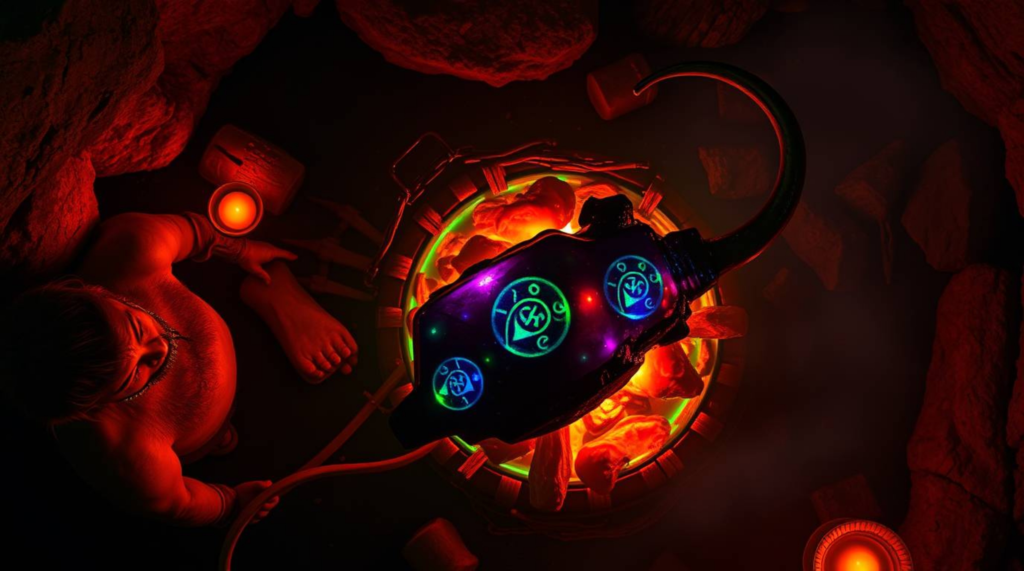 Experience a prehistoric feast as a caveman skillfully cooks mammoth meat, bathed in the ethereal glow of bioluminescent colo
