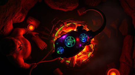 Experience a prehistoric feast as a caveman skillfully cooks mammoth meat, bathed in the ethereal glow of bioluminescent colo