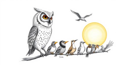 A heartwarming hand-drawn sketch in the style of Pixar depicts a blind owl, its facial features exquisitely detailed, teachin