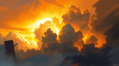 A captivating digital sketch depicting a thunderstorm illuminated by vibrant sunset light.  The artwork features loose painte