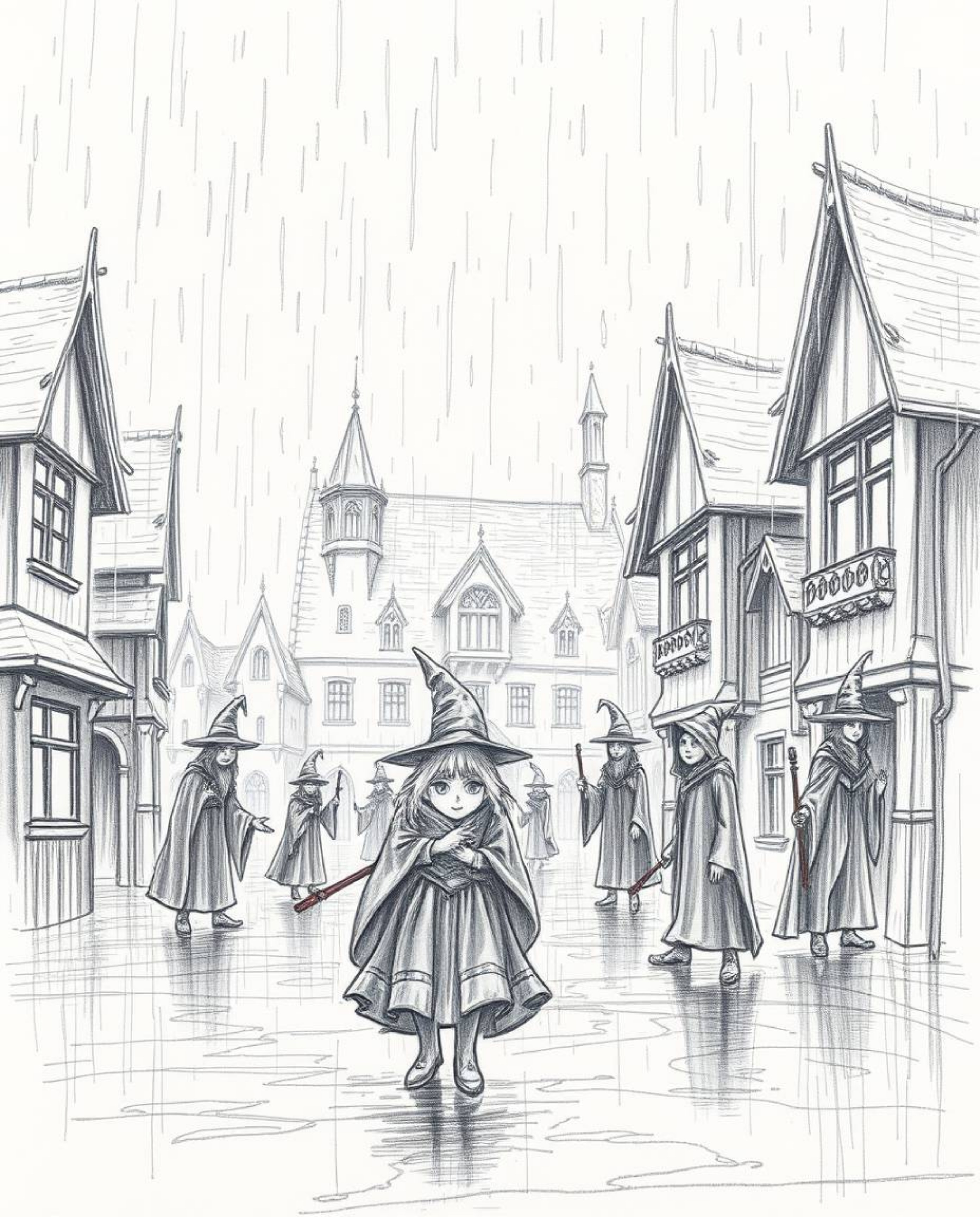 A captivating hand-drawn sketch depicts a magical school brimming with young wizards on a soft, rainy day. The dreamy atmosph