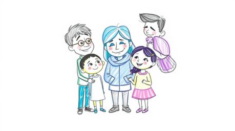 A heartwarming family reunion is brought to life in this hand-drawn sketch, rendered in the iconic Pixar style. The artwork f