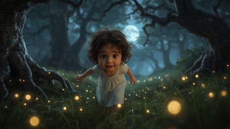 A cinematic, vibrant photograph capturing a curious, freckled child with a big smile and wild, curly hair, chasing the moon's