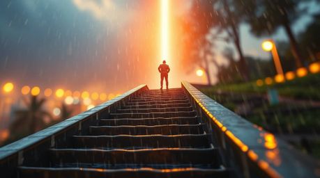 A solitary figure ascends a stone staircase towards a divine beam of light, beautifully captured amidst the blurred bokeh of 