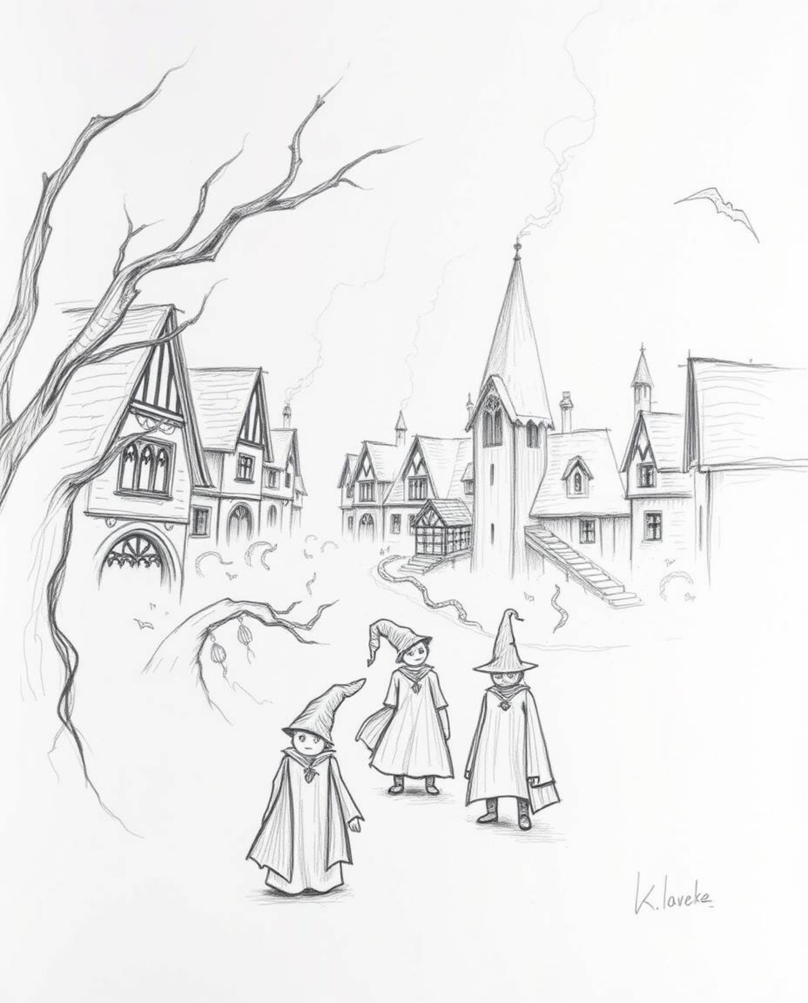 A captivating hand-drawn sketch portrays a magical school shrouded in thick fog, where young wizards attend classes.  The rou