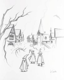 A captivating hand-drawn sketch portrays a magical school shrouded in thick fog, where young wizards attend classes.  The rou