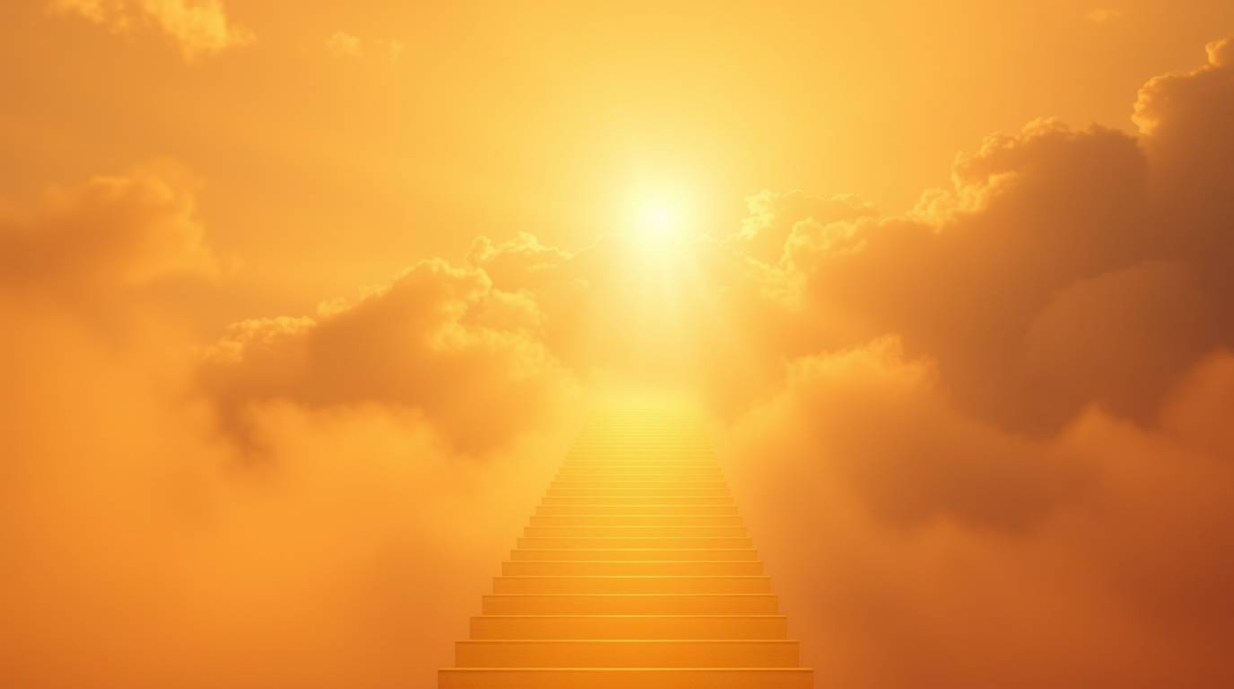 A captivating image depicting a golden staircase ascending through soft, hazy clouds towards a glowing heaven. Sunlight pierc