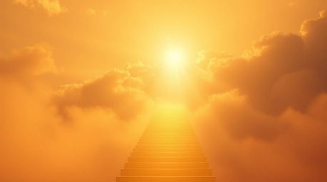 A captivating image depicting a golden staircase ascending through soft, hazy clouds towards a glowing heaven. Sunlight pierc