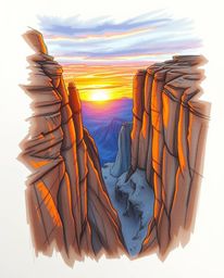 A hand-drawn sketch depicts a sunset illuminating sandstone cliffs in a canyon, executed in a dramatic cinematic style. Using