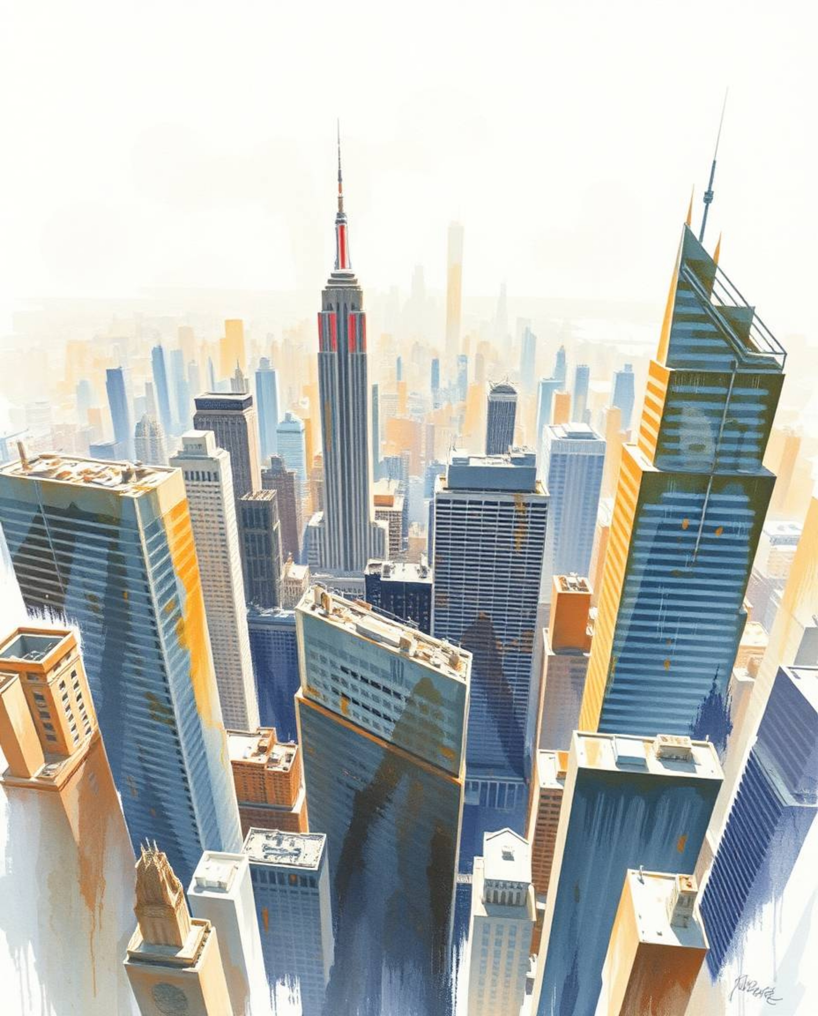 A captivating high-angle watercolor painting depicts a glitchy digital landscape. Distorted skyscrapers rise amidst static no