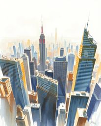 A captivating high-angle watercolor painting depicts a glitchy digital landscape. Distorted skyscrapers rise amidst static no