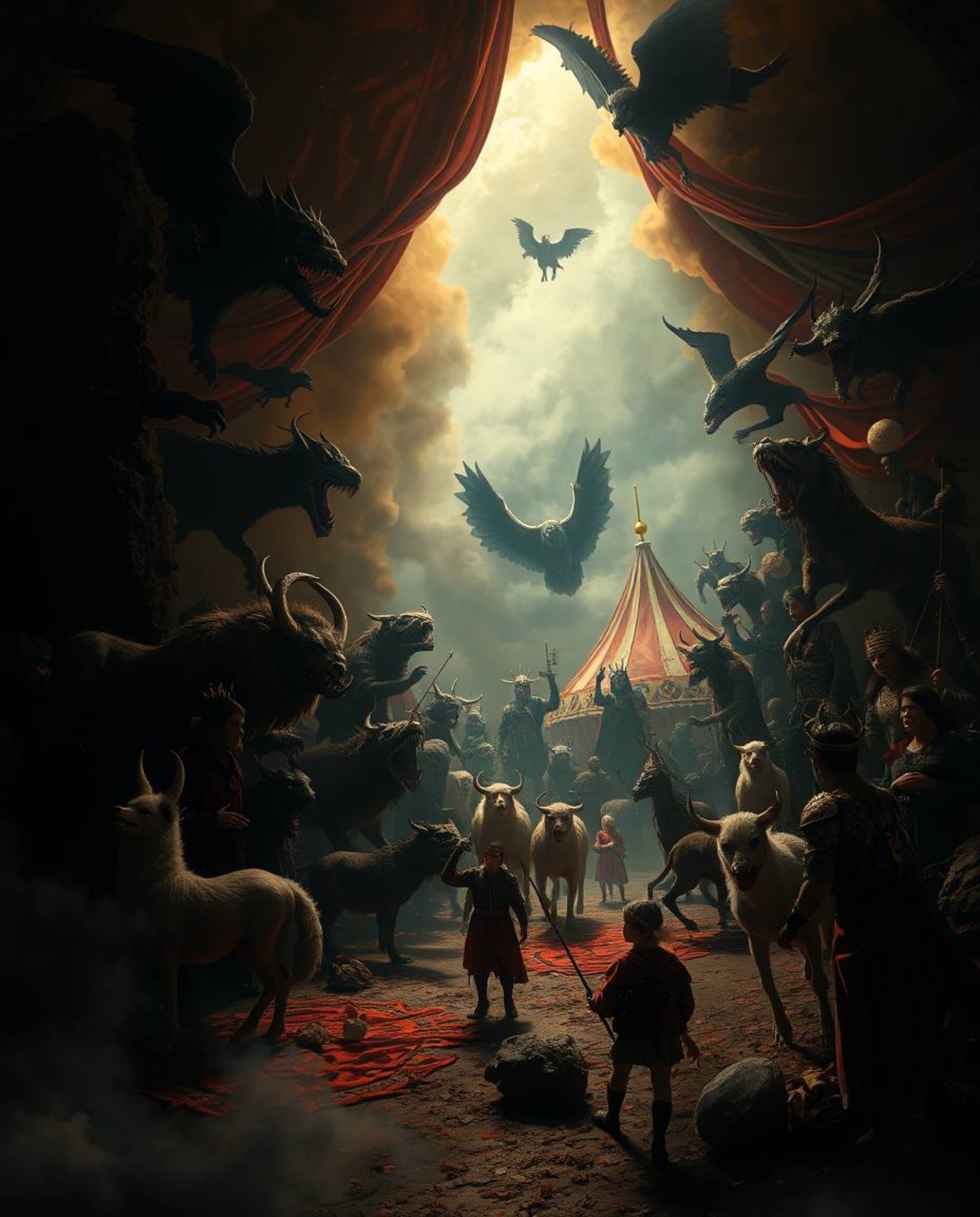 Immerse yourself in an epic, dreamlike, and surreal scene featuring chiaroscuro lighting. Witness a carnival overtaken by wil