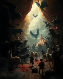 Immerse yourself in an epic, dreamlike, and surreal scene featuring chiaroscuro lighting. Witness a carnival overtaken by wil