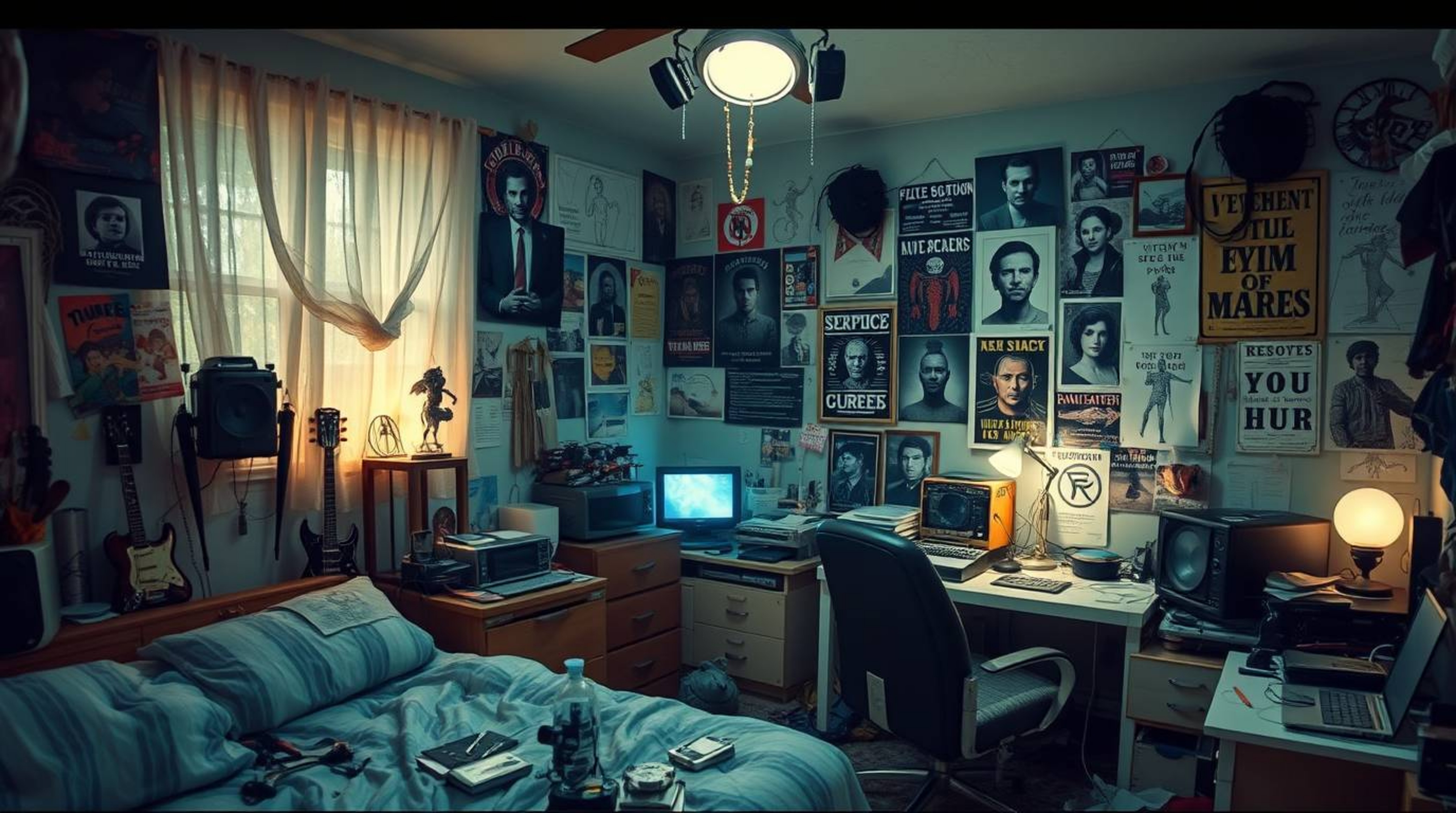 Imagine a messy bedroom brimming with curious gadgets and vibrant posters, radiating an ethereal and spiritual vibe. The air 