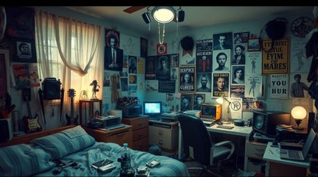 Imagine a messy bedroom brimming with curious gadgets and vibrant posters, radiating an ethereal and spiritual vibe. The air 