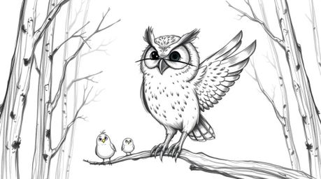A whimsical, Pixar-inspired hand-drawn sketch depicts a gentle, blind owl guiding young birds through flight training in a de