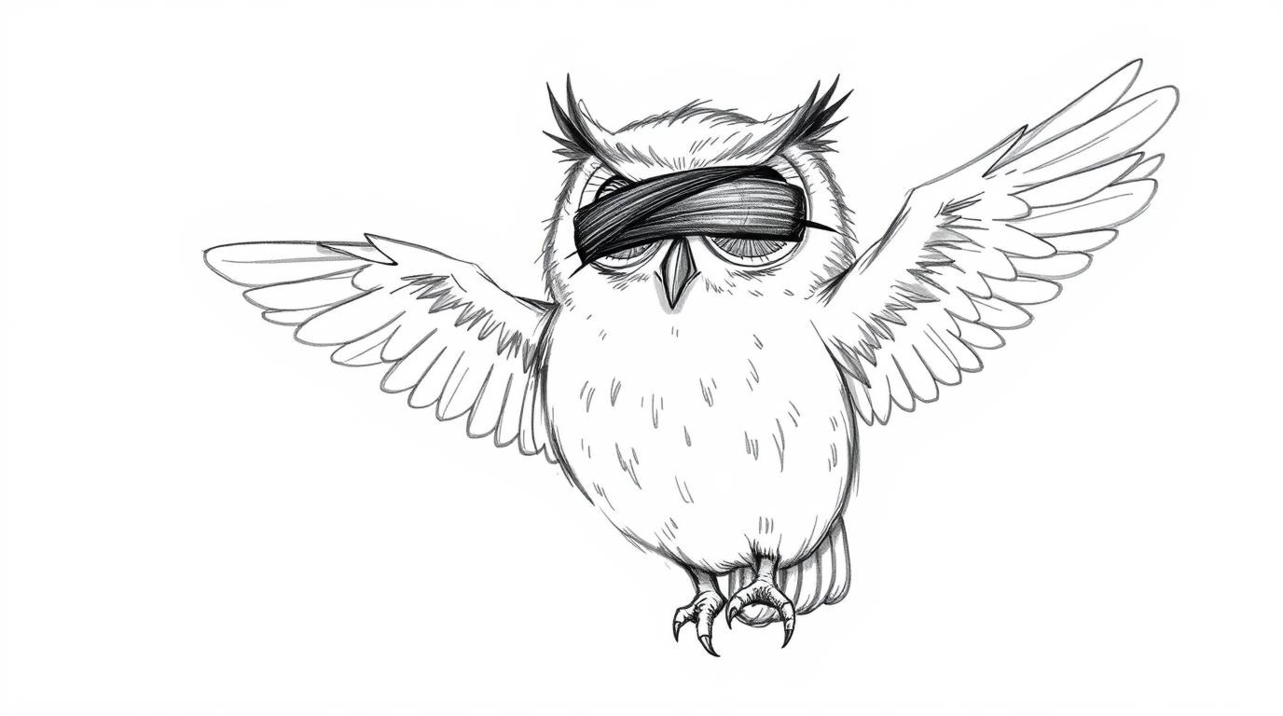 A charming hand-drawn sketch in the style of Pixar depicts a blind owl patiently teaching birds to fly.  The artwork features