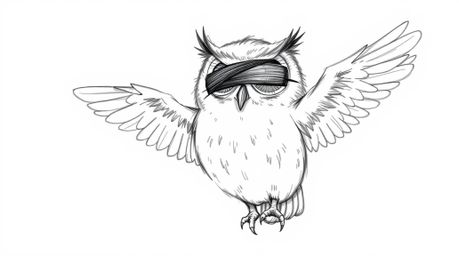 A charming hand-drawn sketch in the style of Pixar depicts a blind owl patiently teaching birds to fly.  The artwork features