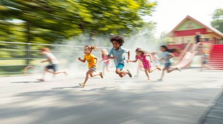 Experience a dramatic slow-motion run through a playground, exquisitely rendered in a delicate watercolor painting style.  Th