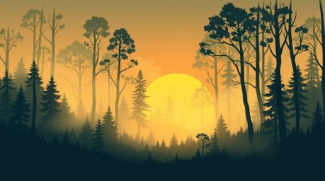 A modern flat design illustration of mist rising from a forest during the golden hour, using simple two-dimensional shapes an