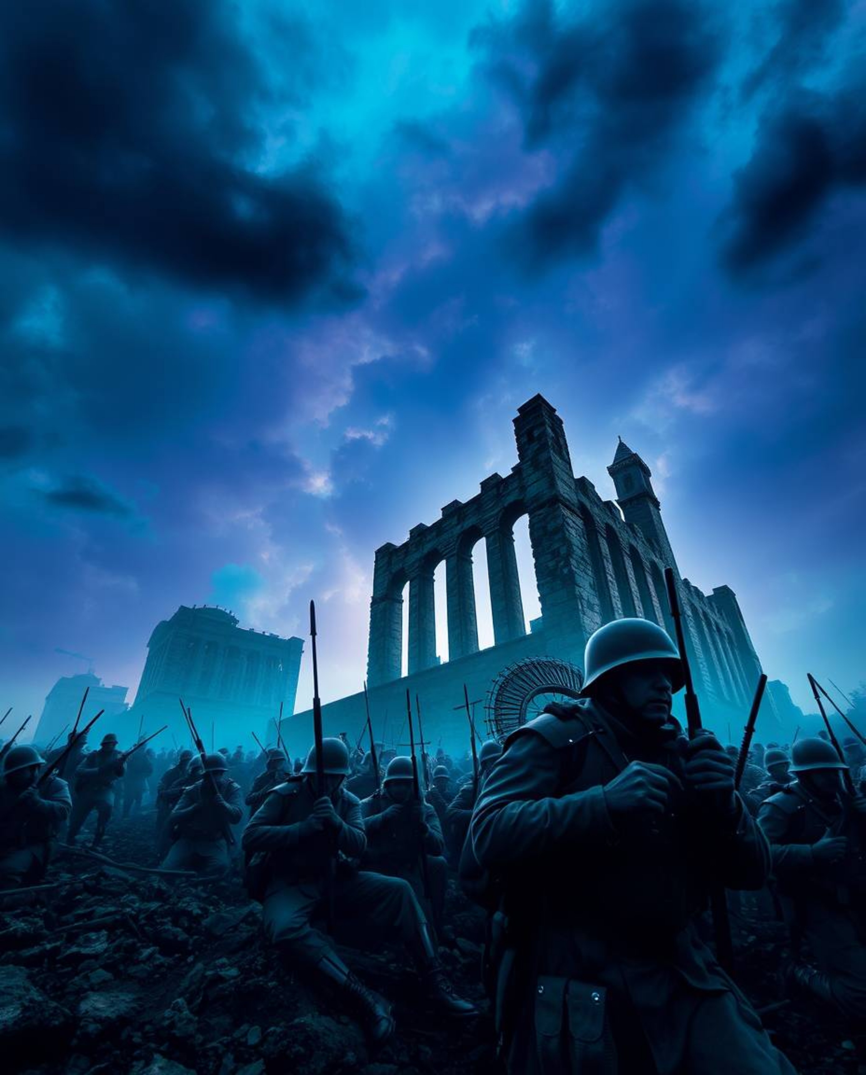 A dramatic, low-angle perspective captures a battlefield frozen in time, showcasing time-warped soldiers amidst crumbling bui