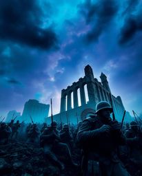 A dramatic, low-angle perspective captures a battlefield frozen in time, showcasing time-warped soldiers amidst crumbling bui