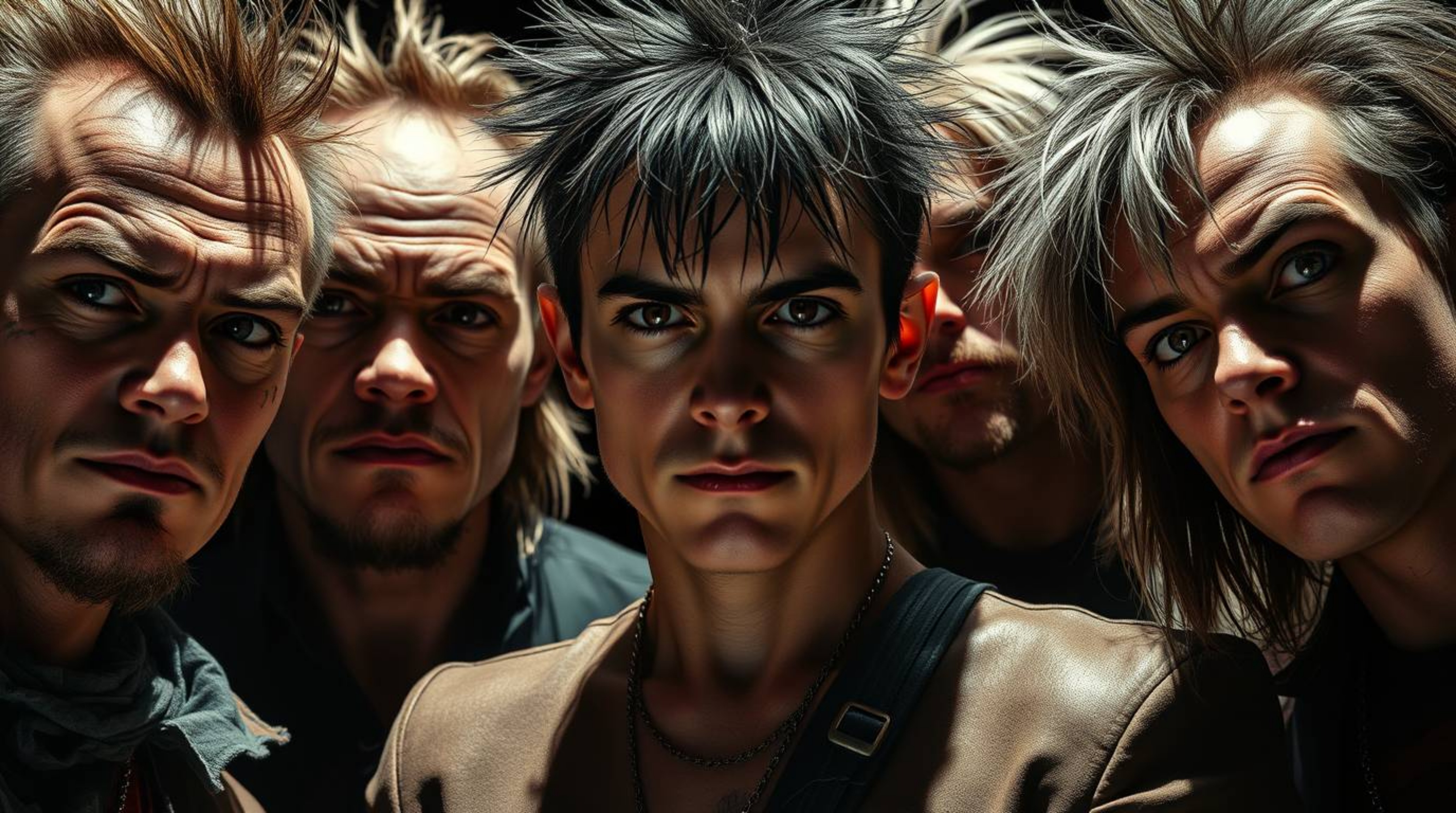 A captivating close-up reveals a team of misfit heroes, each boasting unique facial features, hairstyles, and attire.  The st