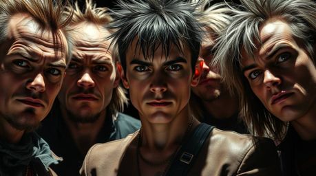 A captivating close-up reveals a team of misfit heroes, each boasting unique facial features, hairstyles, and attire.  The st