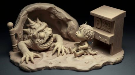 A heartwarming clay sculpture depicts an unlikely friendship between a child and a monster under the bed.  The artwork showca
