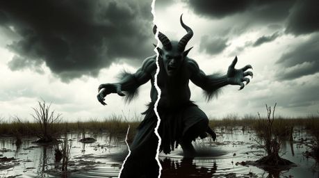 A captivating split image showcases an ogre engaged in a vibrant dance within a swampy landscape under a turbulent, stormy sk